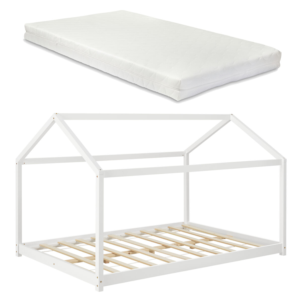 Cama para niños cerro con colchón en forma de casa madera pino 120 x 200 cm - blanco [en.casa]