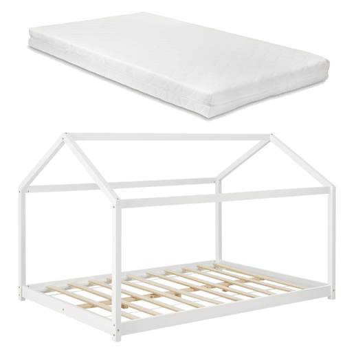 Cama de criança Cerro com colchão em forma de casa em pinho 120 x 200 cm - Branco en.casa