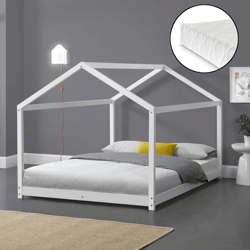 Cama de criança Cerro com colchão em forma de casa em pinho 120 x 200 cm - Branco en.casa