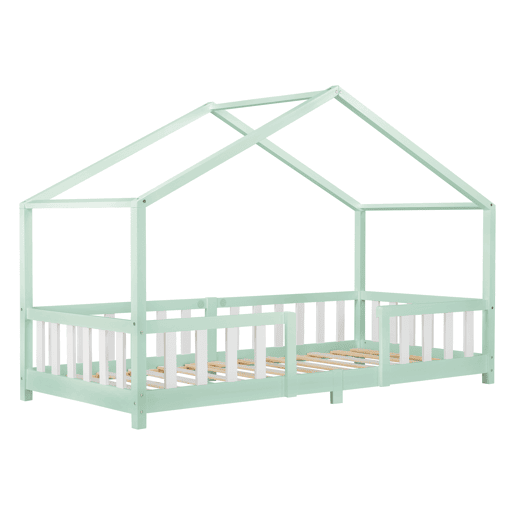 Cama de criança Treviolo em forma de casa de pinho 90x200 cm verde menta e branco mate en.casa.