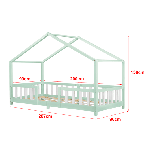 Cama de criança Treviolo em forma de casa de pinho 90x200 cm verde menta e branco mate en.casa.