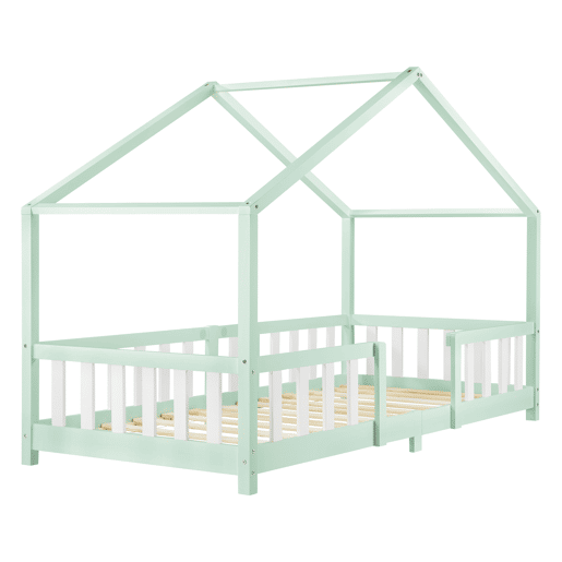 Cama de criança Treviolo em forma de casa de pinho 90x200 cm verde menta e branco mate en.casa.
