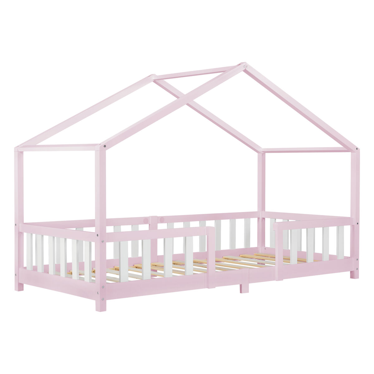 Cama para niños treviolo forma de casa pino 90x200 cm rosa y blanco mate [en.casa]