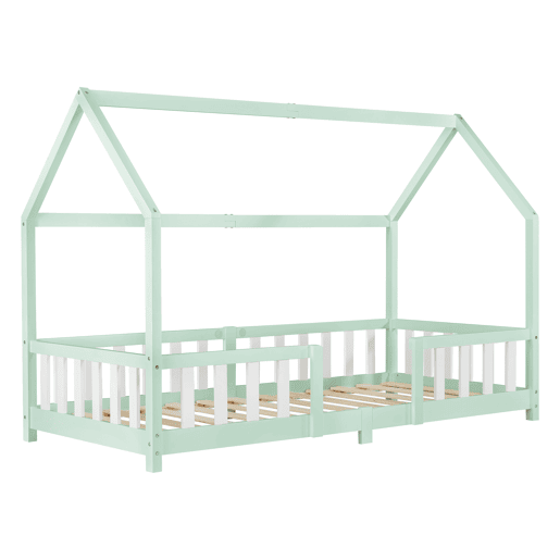 Cama de criança Sisimiut forma de casa pinho 90x200 cm verde menta e branco mate en.casa.