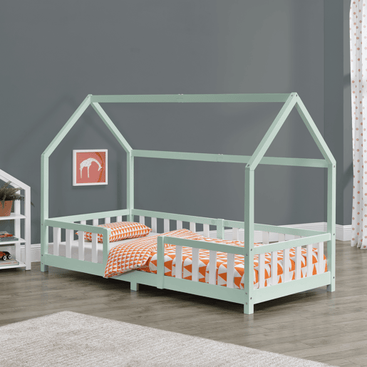 Cama de criança Sisimiut forma de casa pinho 90x200 cm verde menta e branco mate en.casa.