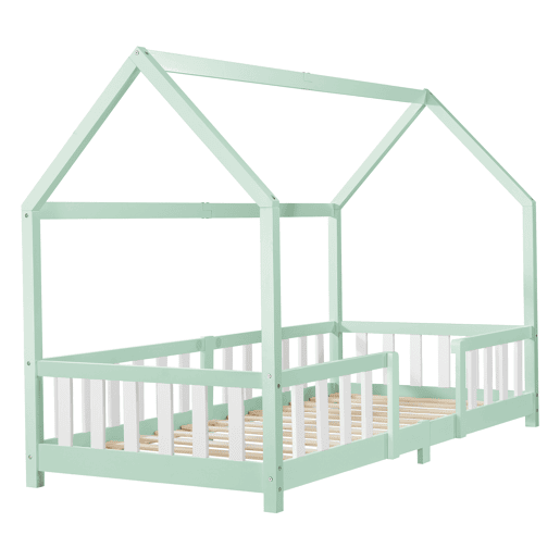 Cama de criança Sisimiut forma de casa pinho 90x200 cm verde menta e branco mate en.casa.