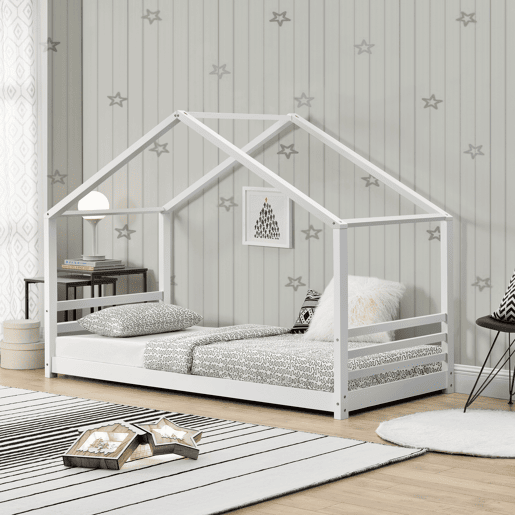 Cama de criança Vardø com estrado de molas - Forma de casa - pinho 200 x 90 cm - Branco mate en.casa.
