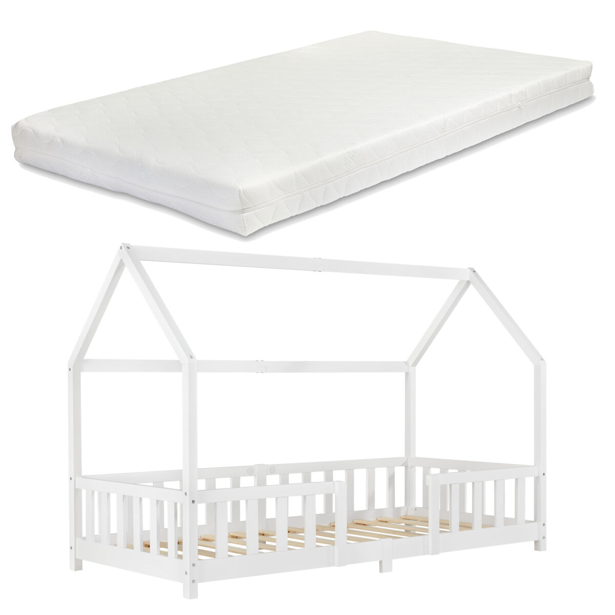 Cama para niños Sisimiut forma de casa con colchón 96x206 Blanco/ Beige