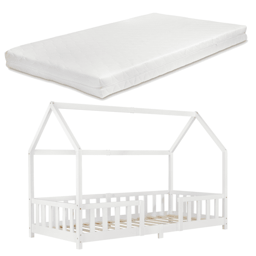 Cama de criança Sisimiut forma de casa pinho com colchão 90x200 cm branco mate en.casaneu.haus.