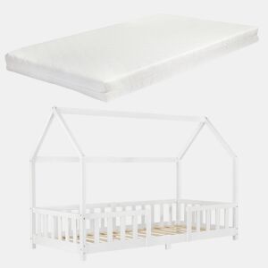 Cama de criança Sisimiut forma de casa pinho com colchão 90x200 cm branco mate en.casaneu.haus.
