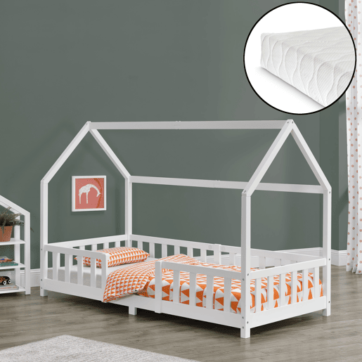 Cama de criança Sisimiut forma de casa pinho com colchão 90x200 cm branco mate en.casaneu.haus.