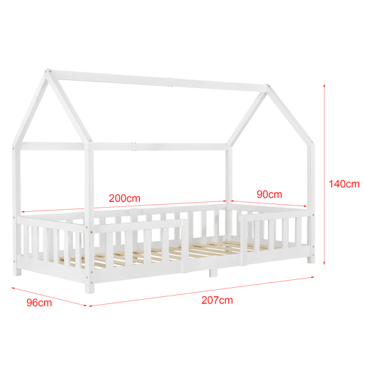 Cama de criança Sisimiut forma de casa pinho com colchão 90x200 cm branco mate en.casaneu.haus.