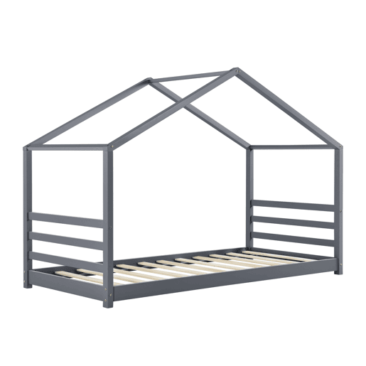 Cama de criança Vardø com estrado de molas - Forma de casa - pinho 90 x 200 cm - Cinzento escuro mate en.casa.