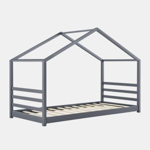 Cama de criança Vardø com estrado de molas - Forma de casa - pinho 90 x 200 cm - Cinzento escuro mate en.casa.