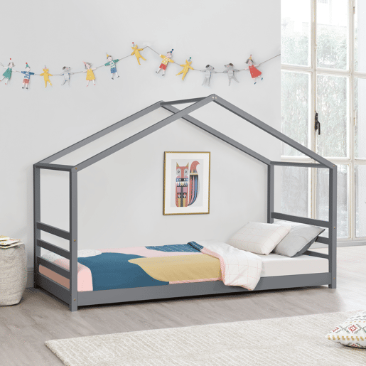 Cama de criança Vardø com estrado de molas - Forma de casa - pinho 90 x 200 cm - Cinzento escuro mate en.casa.