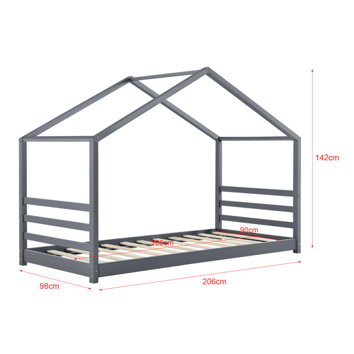 Cama de criança Vardø com estrado de molas - Forma de casa - pinho 90 x 200 cm - Cinzento escuro mate en.casa.
