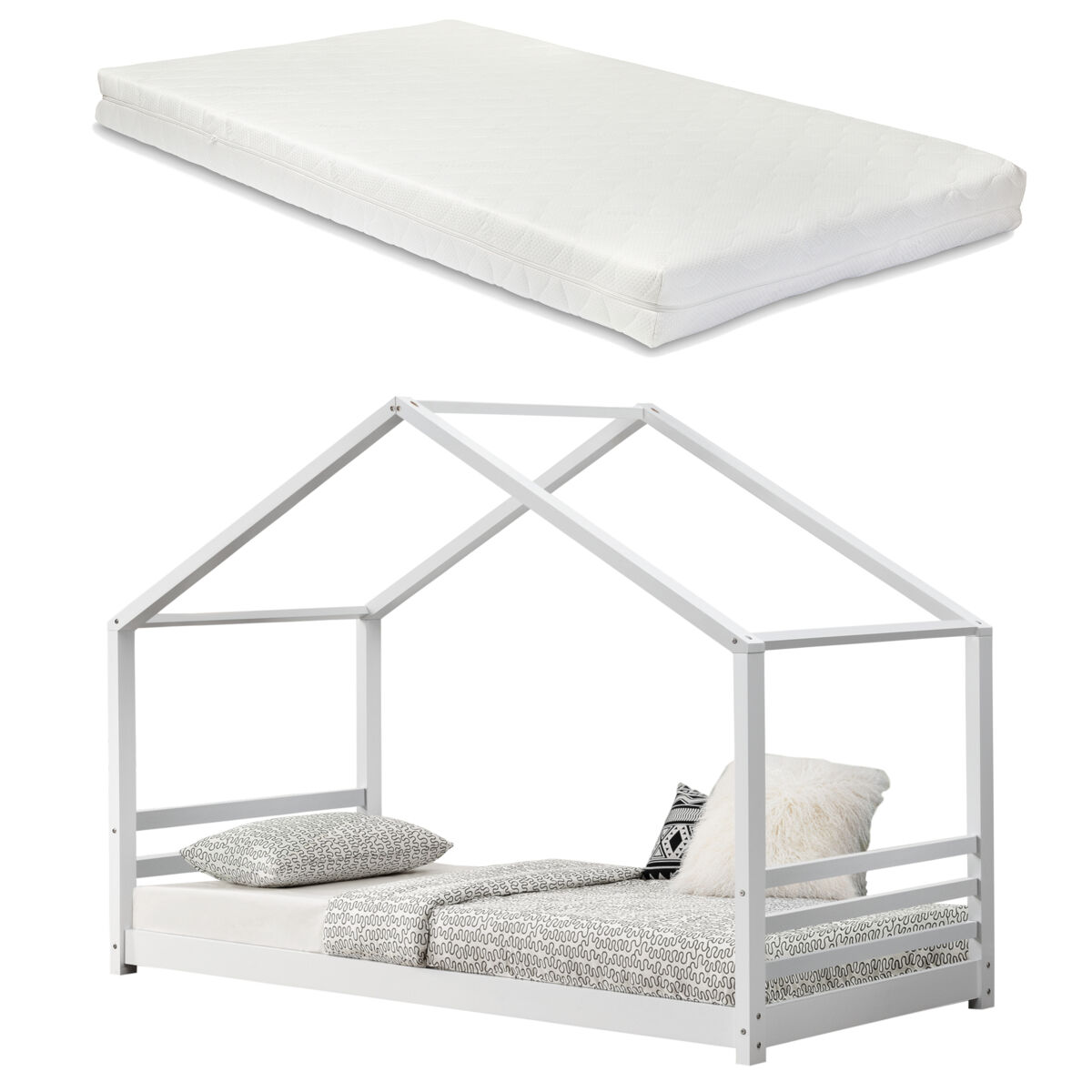 Cama para niños vardø con somier y colchón - forma de casa - pino 200 x 90 cm - blanco mate [en.casa]