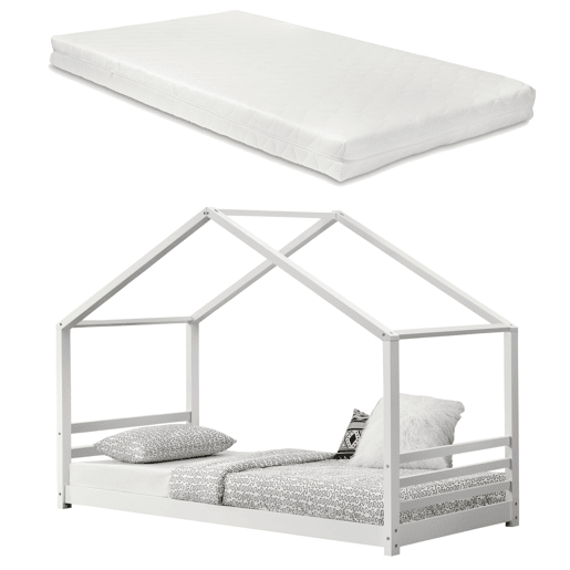 Cama de criança Vardø com estrado de molas e colchão - Forma de casa - pinho 200 x 90 cm - Branco mate en.casa.