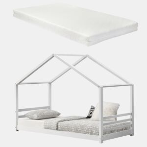 Cama de criança Vardø com estrado de molas e colchão - Forma de casa - pinho 200 x 90 cm - Branco mate en.casa.