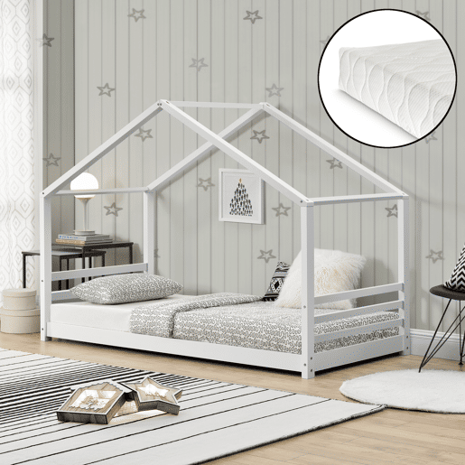Cama de criança Vardø com estrado de molas e colchão - Forma de casa - pinho 200 x 90 cm - Branco mate en.casa.