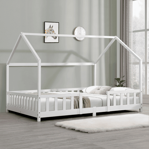 Cama de criança Sisimiut forma de casa pinho 140x200 cm branco mate en.casa.
