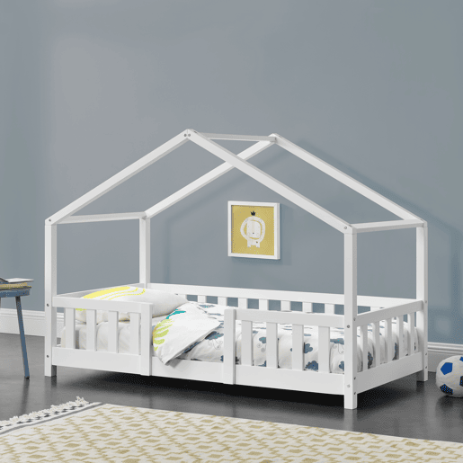 Cama de criança Treviolo forma de casa pinho 70x140 cm branco mate en.casa.