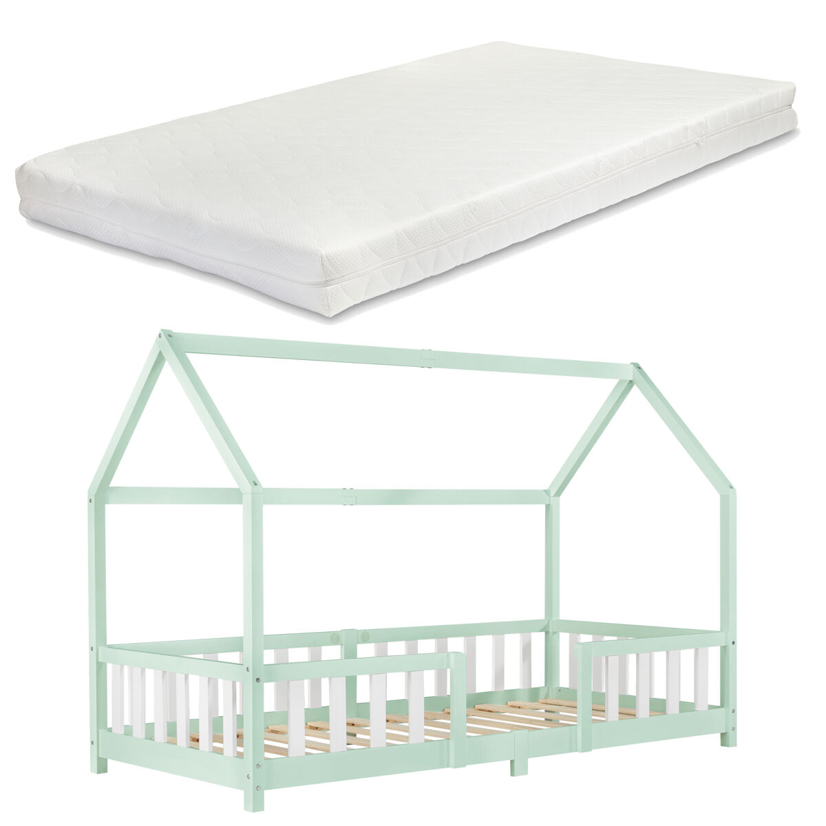 Cama para niños Sisimiut forma de casa con colchón 96x206 Verde