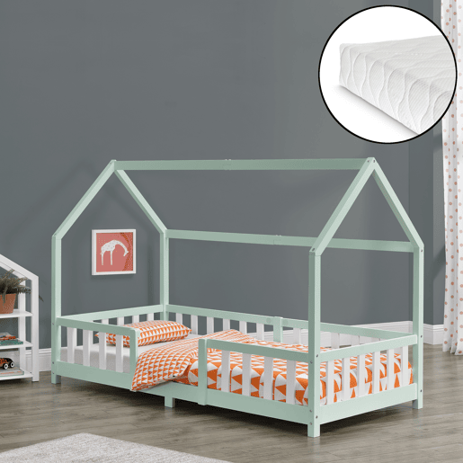 Cama de criança Sisimiut forma de casa pinho com colchão 90x200 cm verde menta branco mate en.casaneu.haus.