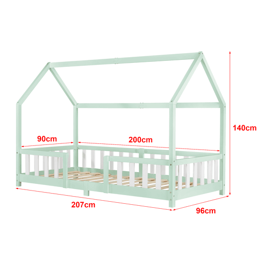 Cama de criança Sisimiut forma de casa pinho com colchão 90x200 cm verde menta branco mate en.casaneu.haus.