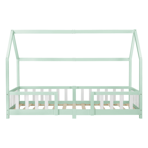 Cama de criança Sisimiut forma de casa pinho com colchão 90x200 cm verde menta branco mate en.casaneu.haus.