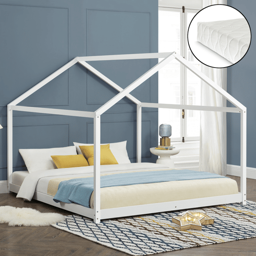 Cama de criança Cerro com colchão em forma de casa em pinho 160 x 200 cm - Branco en.casa