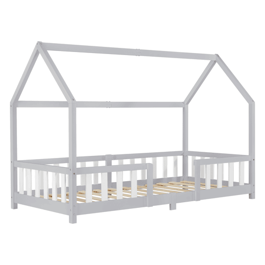 Cama de criança Sisimiut forma de casa pinho 90x200 cm cinzento claro e branco mate en.casa.