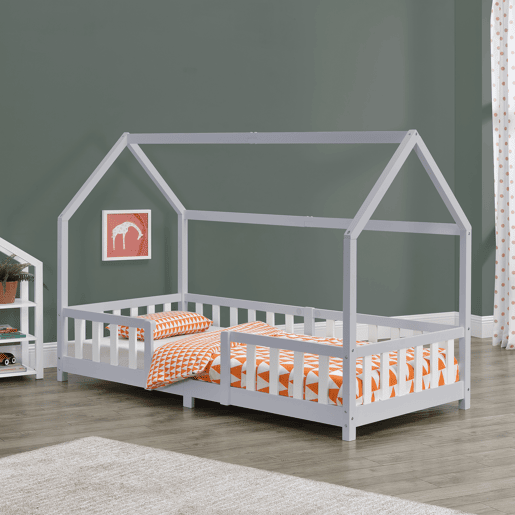 Cama de criança Sisimiut forma de casa pinho 90x200 cm cinzento claro e branco mate en.casa.