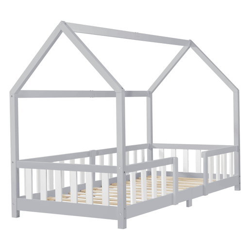 Cama de criança Sisimiut forma de casa pinho 90x200 cm cinzento claro e branco mate en.casa.