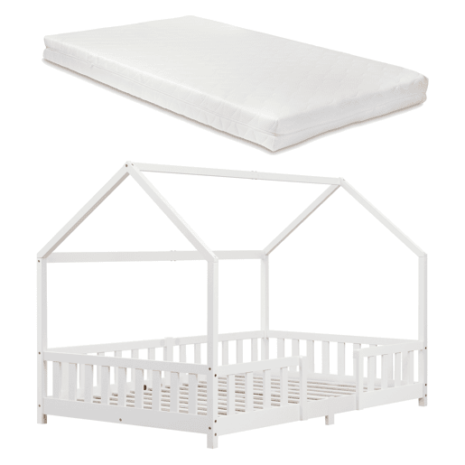 Cama de criança Sisimiut forma de casa pinho com colchão 120x200 cm branco mate en.casaneu.haus.