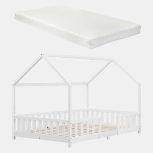 Cama de criança Sisimiut forma de casa pinho com colchão 120x200 cm branco mate en.casaneu.haus.