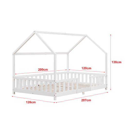 Cama de criança Sisimiut forma de casa pinho com colchão 120x200 cm branco mate en.casaneu.haus.