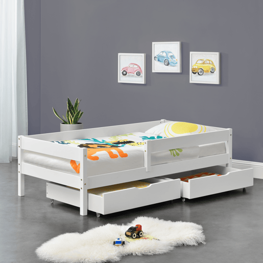 Cama de criança Borgarnes com 2 gavetas, estrado e protecção anti-queda - pinho 90 x 200 cm - Branco en.casa.