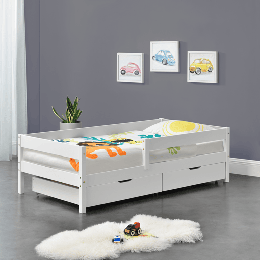 Cama de criança Borgarnes com 2 gavetas, estrado e protecção anti-queda - pinho 90 x 200 cm - Branco en.casa.