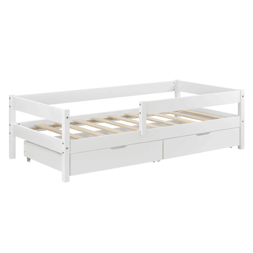 Cama de criança Borgarnes com 2 gavetas, estrado e protecção anti-queda - pinho 90 x 200 cm - Branco en.casa.