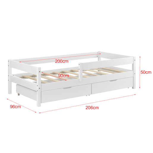 Cama de criança Borgarnes com 2 gavetas, estrado e protecção anti-queda - pinho 90 x 200 cm - Branco en.casa.