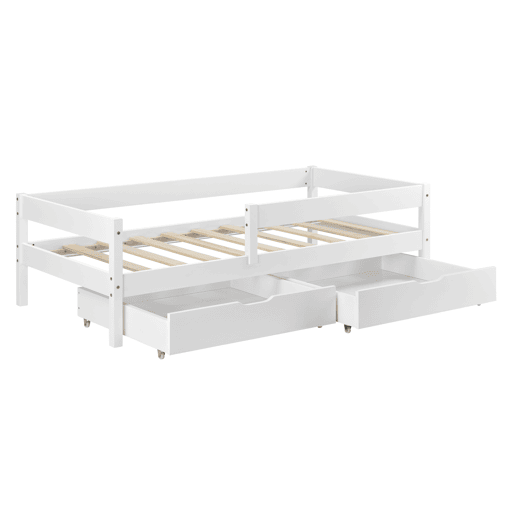 Cama de criança Borgarnes com 2 gavetas, estrado e protecção anti-queda - pinho 90 x 200 cm - Branco en.casa.
