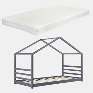 Cama de criança Vardø com colchão e estrado de molas - Forma de casa - pinho 90 x 200 cm - Cinzento escuro en.casa.