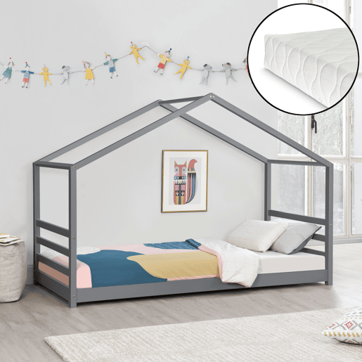 Cama de criança Vardø com colchão e estrado de molas - Forma de casa - pinho 90 x 200 cm - Cinzento escuro en.casa.
