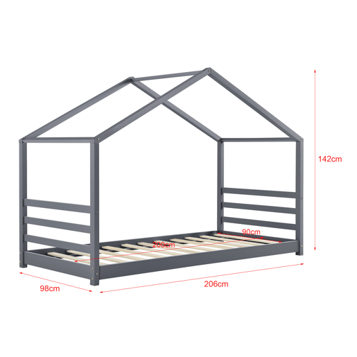 Cama de criança Vardø com colchão e estrado de molas - Forma de casa - pinho 90 x 200 cm - Cinzento escuro en.casa.