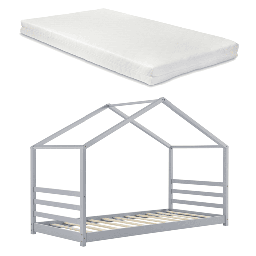 Cama de criança Vardø com colchão e estrado de molas - Forma de casa - pinho - 200 x 90 cm - Lacado cinzento mate en.casa.
