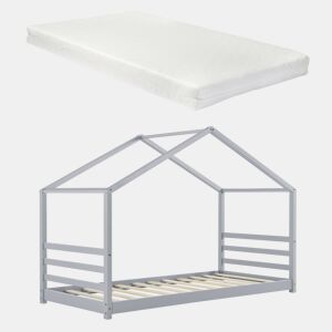 Cama de criança Vardø com colchão e estrado de molas - Forma de casa - pinho - 200 x 90 cm - Lacado cinzento mate en.casa.