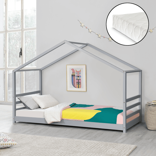 Cama de criança Vardø com colchão e estrado de molas - Forma de casa - pinho - 200 x 90 cm - Lacado cinzento mate en.casa.