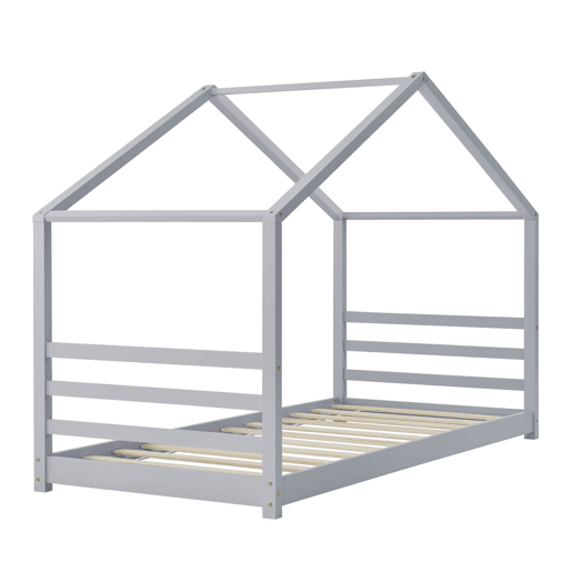 Cama de criança Vardø com colchão e estrado de molas - Forma de casa - pinho - 200 x 90 cm - Lacado cinzento mate en.casa.