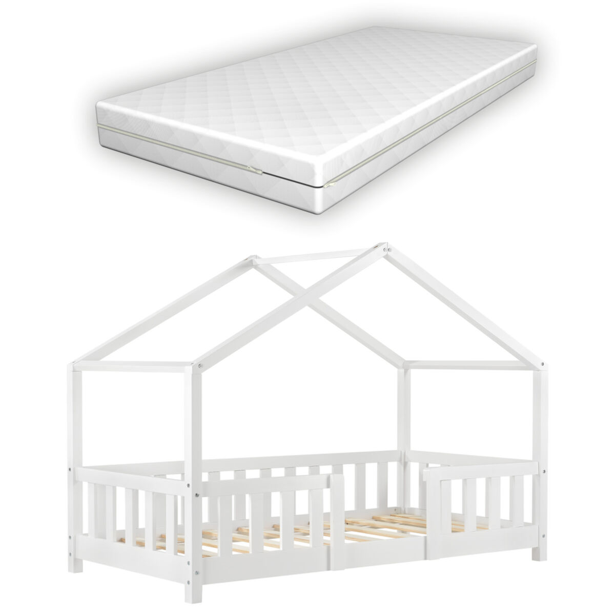 Cama para niños Treviolo forma de casa pino + colchón [en.casa] 75x145 Blanco/ Beige